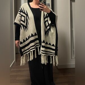 Black and cream with fringe Aztec Boho poncho